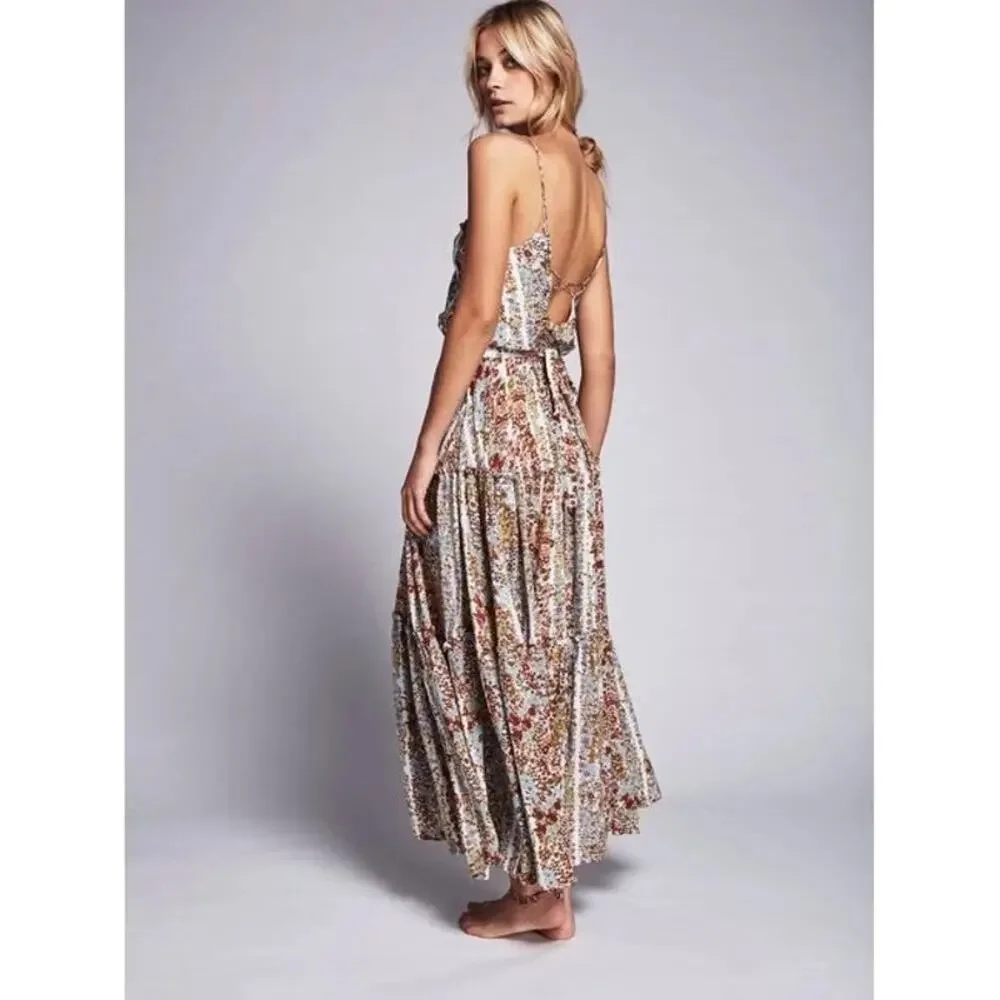Free People Valerie Floral Tiered Maxi Dress Spaghetti Strap Open Back XS Fairy - Picture 2 of 12
